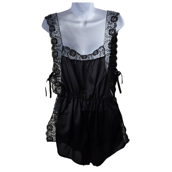 Vintage Nylon Lingerie Teddy Romper L Floral Lace Rosette Ties Black 80s 90s - Picture 2 of 11